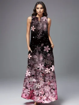 Lady Kevad-Suvine Pikk Kleit Naiste Must Varrukateta Õie Printida Elegantne Kleidid Naistele 2023 Vabaaja Beach Naiste Kleit