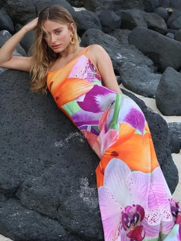 Backless Longuette Suvel Uus Naine Holiday Beach Kleidid Trükitud Lille Tõsta Kleit Naiste Mood Varrukateta