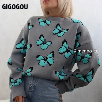 GIGOGOU 3D Liblikas Naiste Kampsun Jaquard Koo Naine Pulloverid Ja Kampsunid Sügiseks Talvel Elegantne Kudumid Pehme Kampsun Outwear