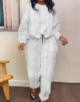 Naiste Püksid Sobivad 2023 Tekstuuriga Nisu Nöör ümber Kaela Pikkade Varrukatega Top ja Pingutusnöör Tasku Cuffed Püksid Set Vabaaja Ülikond