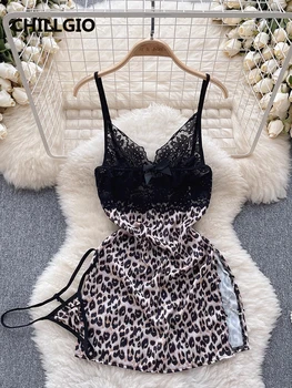 CHILLGIO Naiste Seksikas Pits Leopard Printida Nightgowns Mood Erootiline Kahe-osaline Komplekt, Pidžaamad Sundress Vintage Suvel Kett Split Kleit