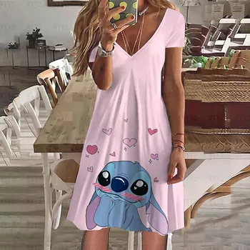 Naiste Uus Partei Suvi Disney Stitch Seksikas Mini Kleit Print V Kaelus Kleit, Lühikesed Varrukad Naiste Põlve Pikkusega Kleit