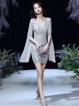 Elegantne Kleit Naistele Sequin V-kaelus Pikk Varrukas Mood Seelik Saledale õhtukleit M339