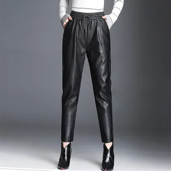 Naiste PU Nahast Püksid Mood Nöör-Paela Lühikesed Püksid Elastne Vöökoht Püksid Taskud Must Streetwear Pantalones Mujer P162