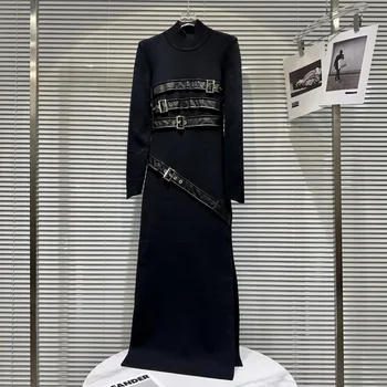 PREPOMP 2023 Sügisel Uue Saabumist kõrge kaelusega Pu Faux Nahast Pannal Puuvill Must Pikk Kleit Naiste GL673