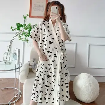 2023 Suvel Uus Hommikumantel Puuvillane Õhuke Rüü Mugavuse Jaapani Stiilis Leopard Trükitud Sleepwear Seksikas Nightgowns Femme Homewear
