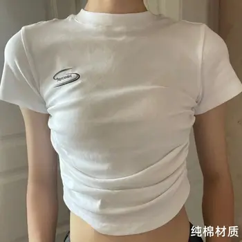 Kirja Naiste T-Särk Crop Top Y2k Voldid Puuvillased Lühikesed Varrukad Tee Naine Slim Basic Stand Korea Stiilis Tshirts Femme Riided 2023