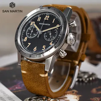 San Martin Classic Retro Piloot VK64 Chronograph Mens Quartz Watch Kahesuunalised Bezel Äri-Vintage Veekindel Helendav Kell