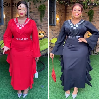 Aafrika Poole Tanssiaiset Kleidid Naistele 2023 Dubai Abaya Luksus Tutti V Kaelus Kõrge Vöökoht Ruffles Maxi Kleit Rüü Africaine Femme