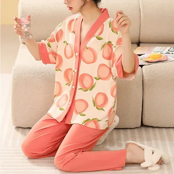 2023 Uus Naiste Pajama Komplekti Kevadel Sunmmer Cartoon Nightwear Armas Suured Homewear Lühikesed Varrukad Sleepwear V-kaeluse Siserõivad