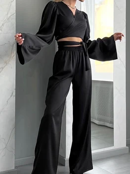 Linad Musta Pidžaama Naistele 2 Töö Seab Vabaaja Pikk Varrukas, V-Kaelus Sleepwear Naiste Pükste Sobib Sügis Fashion Nightwear