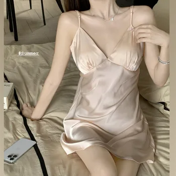 Tahke Šampanja Nightgowns Suspender Sleepwear Naiste Sexy Kodus Kandma Seksikas Satiin Nightwear Suvel Uus Sleepshirt Hubane Pesu