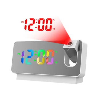 180° Pöörde Projektsioon Alarm Clock, Magamistuba LED Värviline Digitaalne Projektsioon Lagi USB Laadija Aeg Valge A