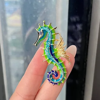 Retro Klaasitud Seahorse Imitatsioon Emailiga Sõle Värviline Õli Kukutades Loomade Pin-Naiste Mood Mantel Anti Särav Rindade Lill