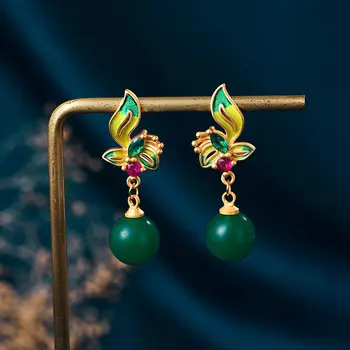Hiina stiilis klassikaline ja lihtne, Loomulik jasper ring pärlitega kõrvarõngad naistele emailiga kristallist lillega kaelakee ehete komplekti