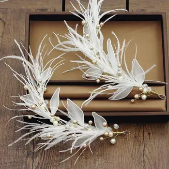 Korea pruut haldjas Pruudi käsitsi valmistatud Valge Sulg liblikas Pärlid Pikk Barrettes juuste aksessuaarid, juuksed klippe pulm headdress