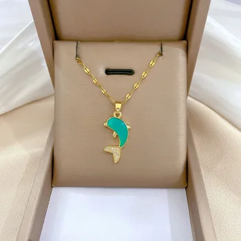 Elegantne Sinine Emailiga Tsirkoon Dolphin Kaelakee Naiste Vintage Gold Värv Roostevabast Terasest Kett Tarvikud Kingitused