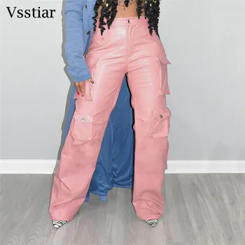 Vsstiar Fashion Streetwear Nahk PU Cargo Püksid Kõrge Vöökoht Taskutega Vabaaja Püksid Hipster Suvel Naiste Lai Jalg Püksid Roosa