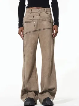 Meeste Seemisnahast Katkesta Ajatatud Topelt-talje Multi-zip Vabaaja Püksid Kevad Sügis Vabaaja Darkwear Püksid Mees